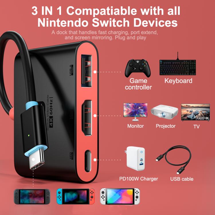 Estación de acoplamiento de escritorio 3 en 1 con puerto USB Tipo-C a HDMI + USB 3.0 + puerto de carga USB Tipo-C PD, For Nintendo Switch