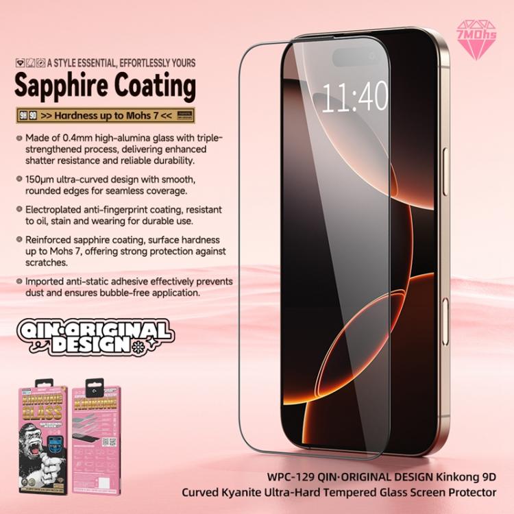 WK WTP-129 Qin - Diseño original - Película de vidrio templado ultrarresistente curvada 9D con cianita, For iPhone 17 Pro Max, For iPhone 17 Pro, For iPhone 17 / 16 Pro, For iPhone Air