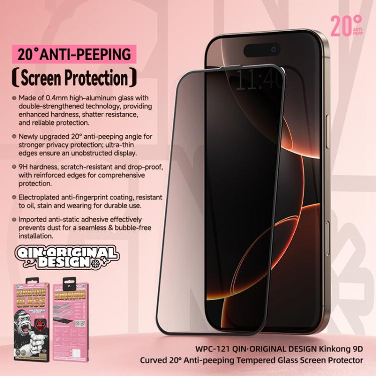 WK WTP-121 Qin - Diseño original, lámina de vidrio templado curvada 9D con ángulo de privacidad de 20 grados., For iPhone 17 Pro Max, For iPhone 17 Pro, For iPhone 17 / 16 Pro, For iPhone Air
