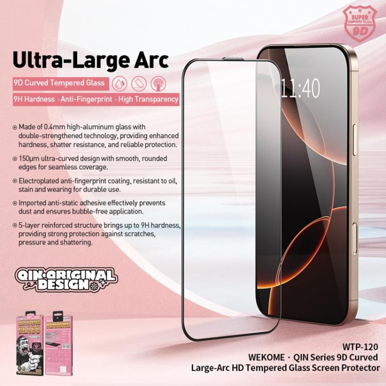 Protector de pantalla de vidrio templado HD de gran arco curvo 9D de la serie Qin WK WTP-120, For iPhone 17 Pro Max, For iPhone 17 Pro, For iPhone 17 / 16 Pro, For iPhone Air