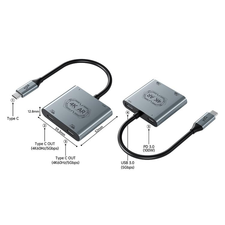 Adaptador convertidor de carga para gafas de realidad aumentada V77G 4K 60Hz USB-C / Tipo-C a doble Tipo-C, PD 100W, USB 3.0