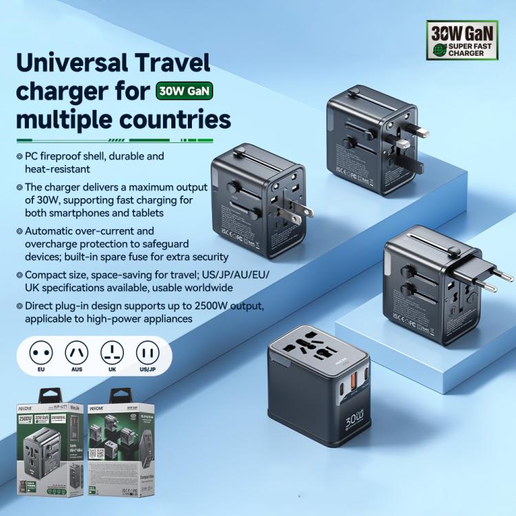 Cargador de viaje universal de tres puertos WK WP-U71 de 30 W con GaN