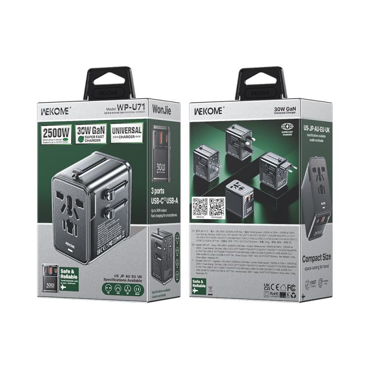 Cargador de viaje universal de tres puertos WK WP-U71 de 30 W con GaN