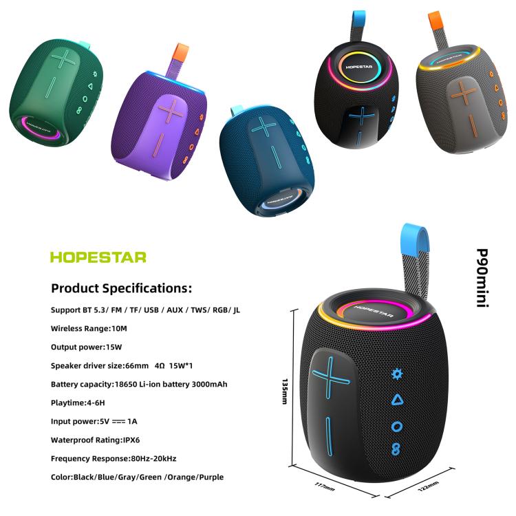 Altavoz Bluetooth mini HOPESTAR P90 mini de 15 W para exteriores, resistente al agua IPX6.