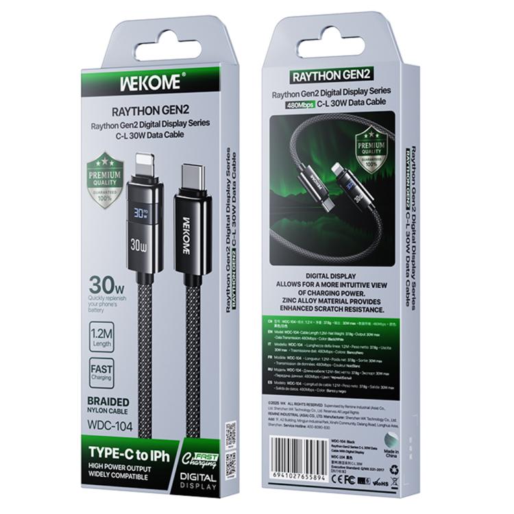 Cable de datos de carga rápida WK WDC-104 Raython 2 con pantalla digital de 30 W, conector USB-C a 8 pines, longitud: 1,2 m, WDC-104