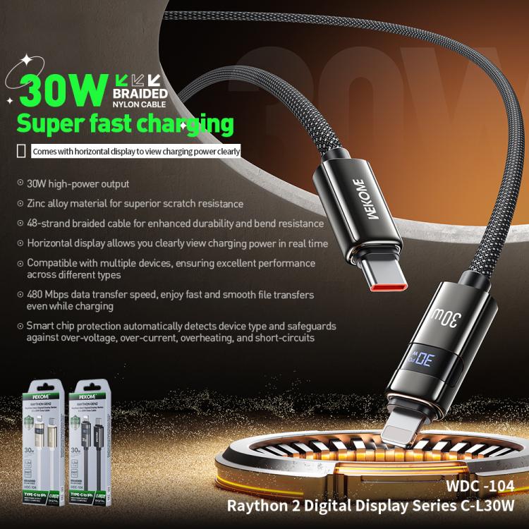 Cable de datos de carga rápida WK WDC-104 Raython 2 con pantalla digital de 30 W, conector USB-C a 8 pines, longitud: 1,2 m, WDC-104