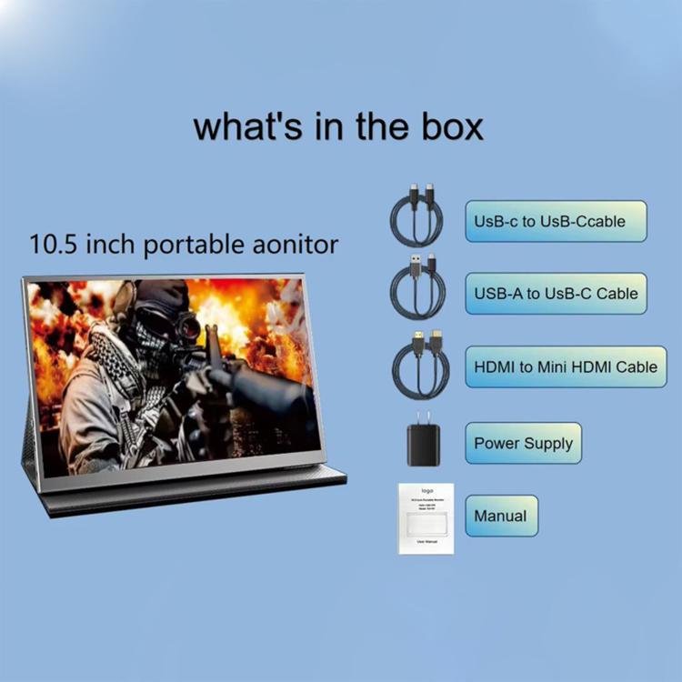 Monitor portátil IPS P105A01D de 10,5 pulgadas con extensión HD/Tipo-C y enchufe estadounidense., 10.5 inch