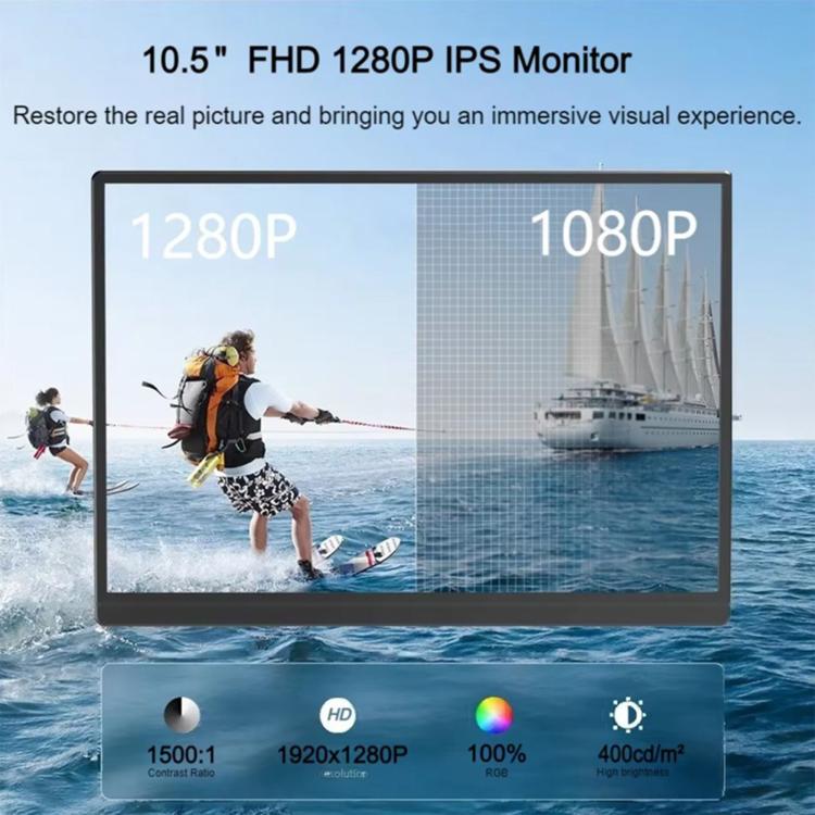 Monitor portátil IPS P105A01D de 10,5 pulgadas con extensión HD/Tipo-C y enchufe estadounidense., 10.5 inch