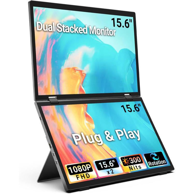 Monitor portátil plegable de doble pantalla S156P31D de 15,6 pulgadas y 1080P con soporte., 15.6 inch 1080P