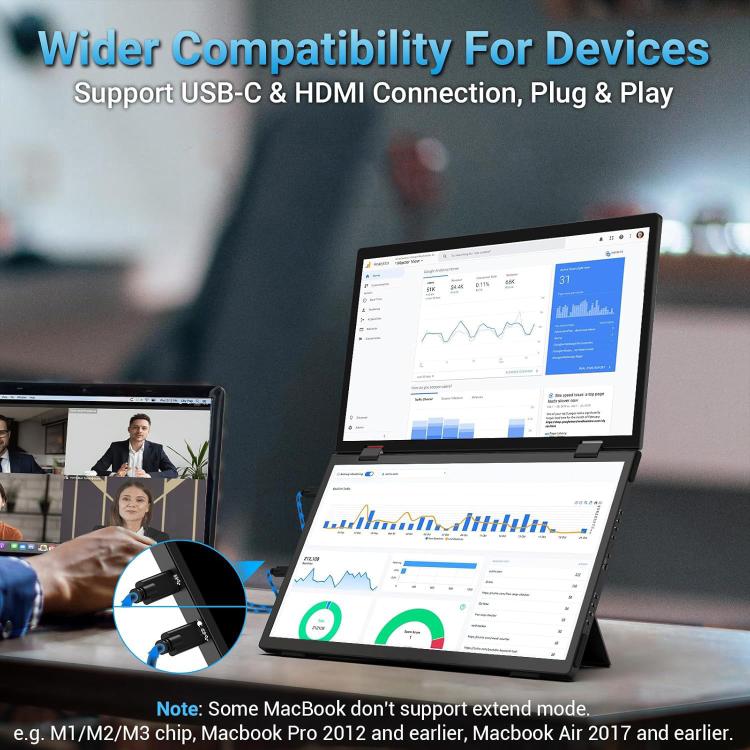 Monitor portátil plegable de doble pantalla S156P31D de 15,6 pulgadas y 1080P con soporte., 15.6 inch 1080P