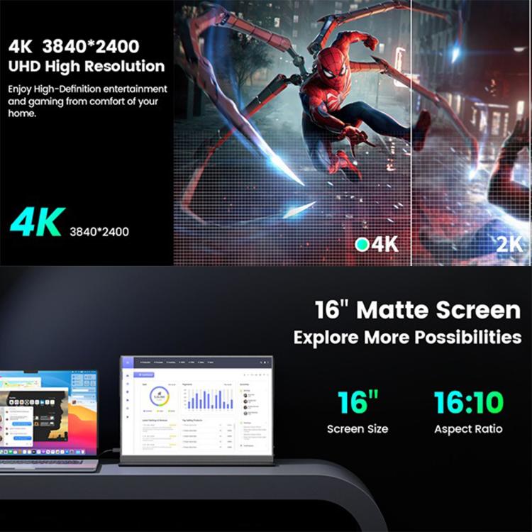 Monitor portátil para juegos P160A20 de 16 pulgadas con resolución 4K y pantalla extendida., 16 inch 4K