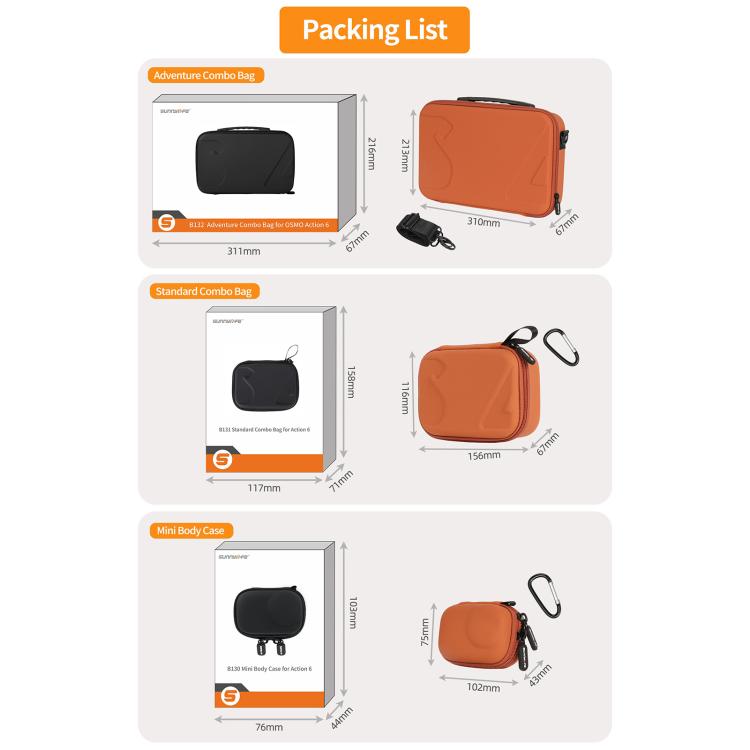 Caja de almacenamiento portátil Sunnylife para DJI Osmo Action 6 / 5 Pro / 4 / 3, Mini Body Bag, Standard Combo Bag, Adventure Combo Bag