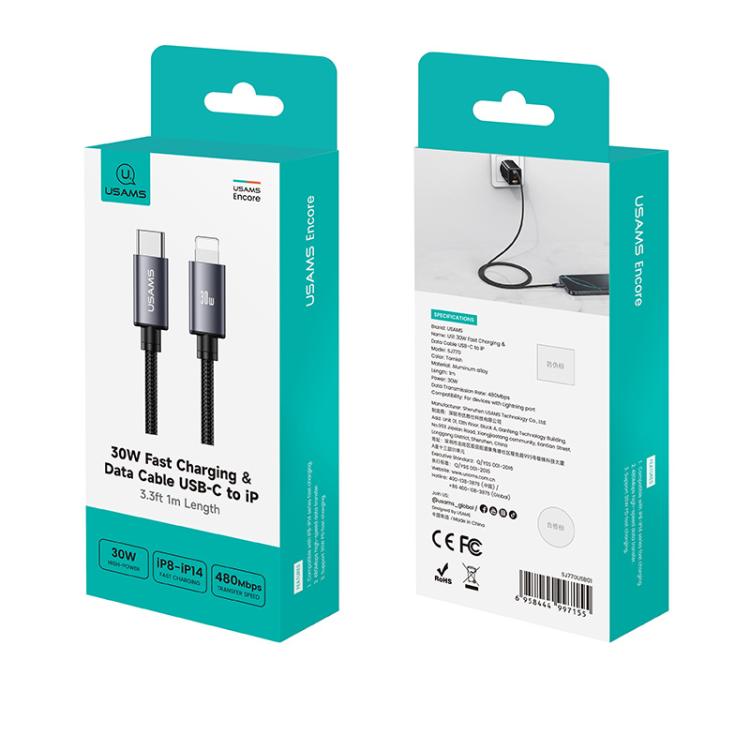 Cable de datos de carga rápida USAMS SJ770 U91 de 30 W, tipo C a 8 pines, aleación de aluminio, longitud: 1 m, SJ770