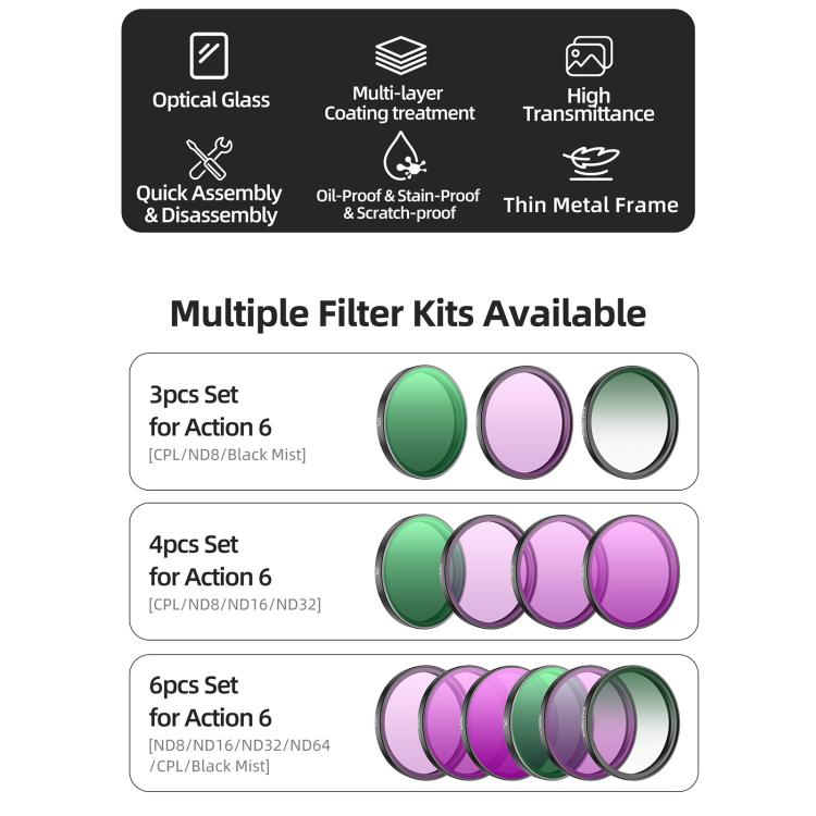 Para filtro de lente de cámara DJI Osmo Action 6 Sunnylife, Black Mist 1/4, CPL, MCUV, ND8, ND16, ND32, ND64, NIGHT, 3 in 1 Light Shadow, 4 in 1 Mixed Filter, 4 in 1 ND, 6 in 1 Mixed Filter, 8 in 1 Mixed Filter