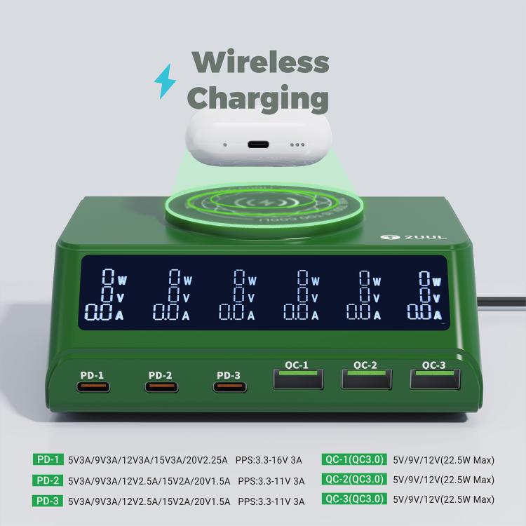 Estación de carga de escritorio 2UUL PC11 de 110 W con múltiples puertos PD + QC y carga inalámbrica de 15 W., EU Plug, US Plug