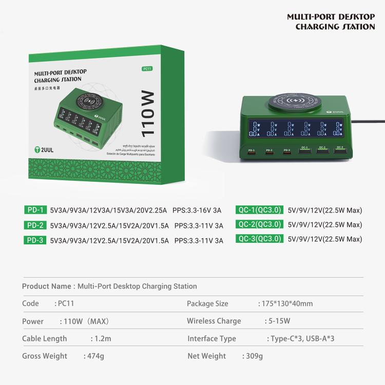 Estación de carga de escritorio 2UUL PC11 de 110 W con múltiples puertos PD + QC y carga inalámbrica de 15 W., EU Plug, US Plug