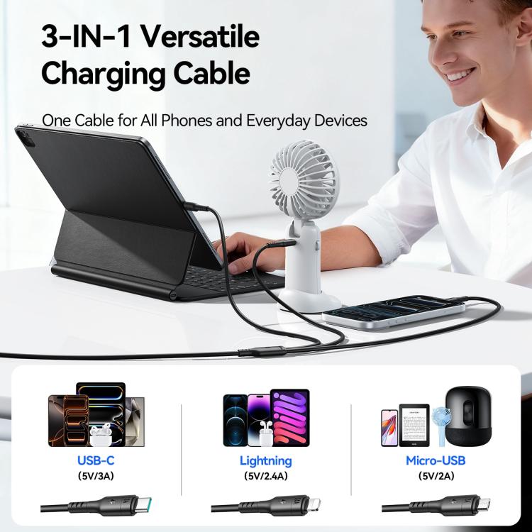Cable de carga 3 en 1 USB a 8 pines + USB-C / Tipo-C, Micro USB de la serie JOYROOM A61 OmniGo (3,5 A), 1.2m