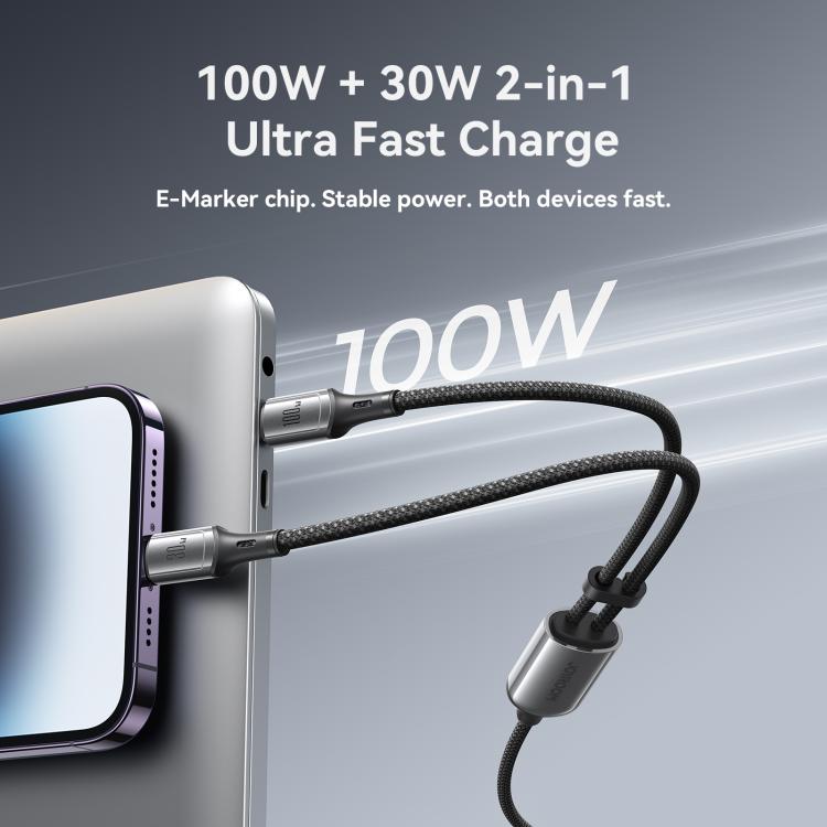 Cable de datos de carga rápida de 8 pines JOYROOM S-A57 RapidX Series de 100 W, 2 en 1, USB-C/Tipo-C a USB-C/Tipo-C., 1.5m