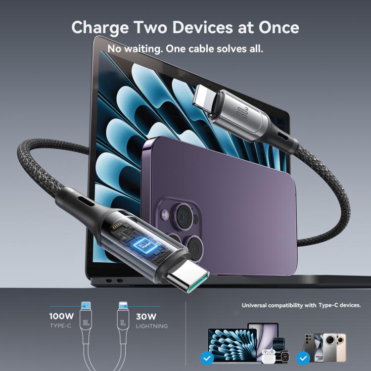 Cable de datos de carga rápida de 8 pines JOYROOM S-A57 RapidX Series de 100 W, 2 en 1, USB-C/Tipo-C a USB-C/Tipo-C., 1.5m