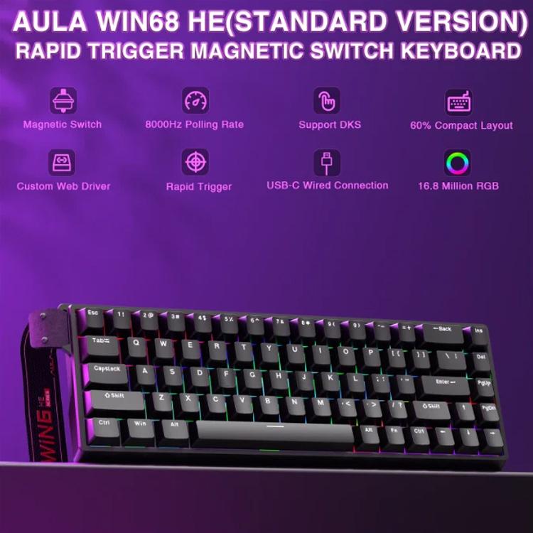 Teclado con cable RGB AULA WIN68HE, versión estándar, 68 teclas, WIN68HE Black Grey Wood Magnetic Axis