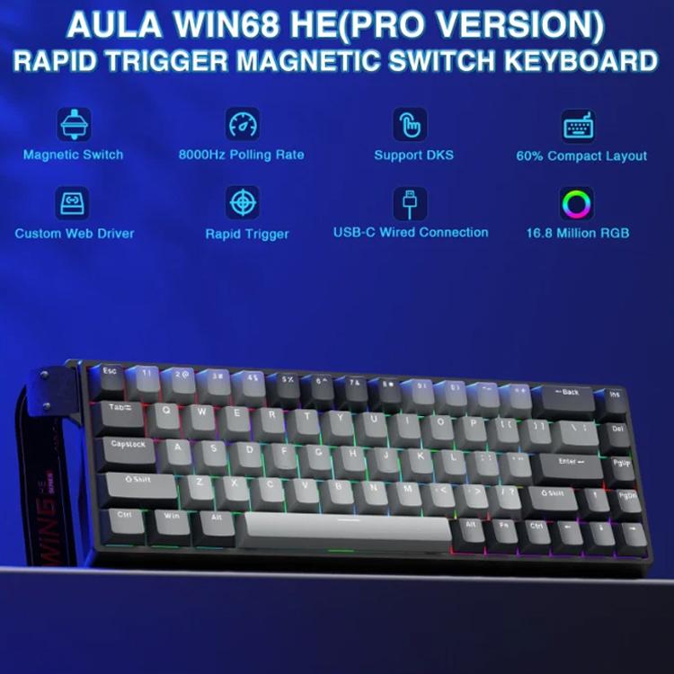 Teclado con cable RGB AULA WIN68HE Pro de 68 teclas, WIN68HE Dark Grey+Light Grey Shaped Magnetic Axis