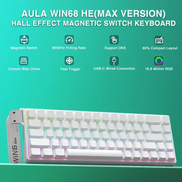 Teclado con cable RGB AULA WIN68HE, versión estándar, 68 teclas, WIN68HE Side Printed White Grey Wood Magnetic Axis