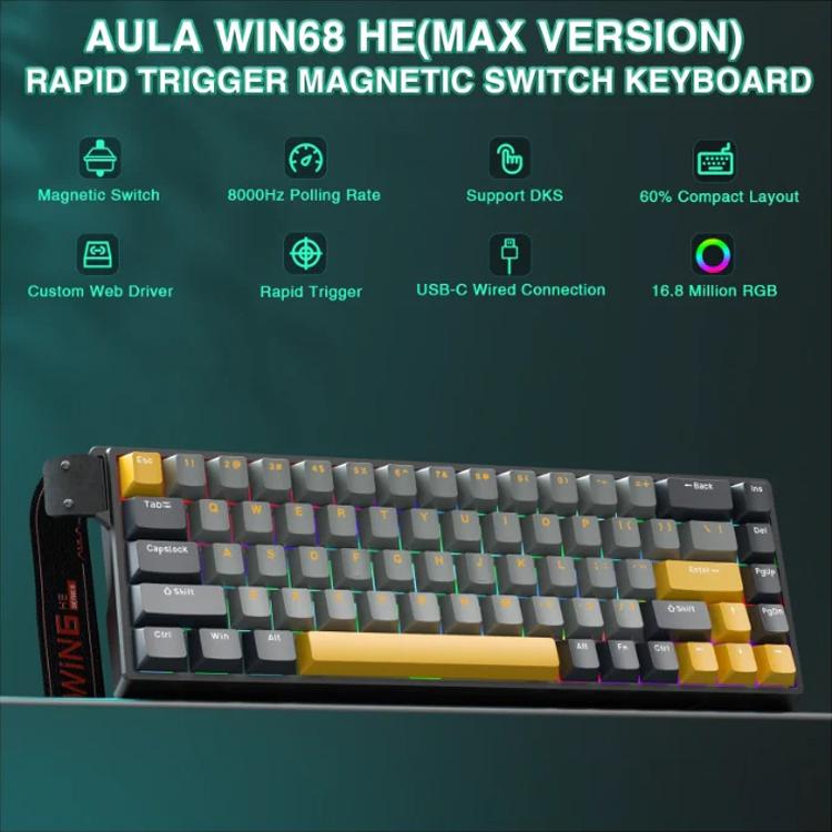 Teclado con cable RGB AULA WIN68HE MAX de 68 teclas., WIN68HE Dark+Light+Yellow Wing Chun Magnetic Axis