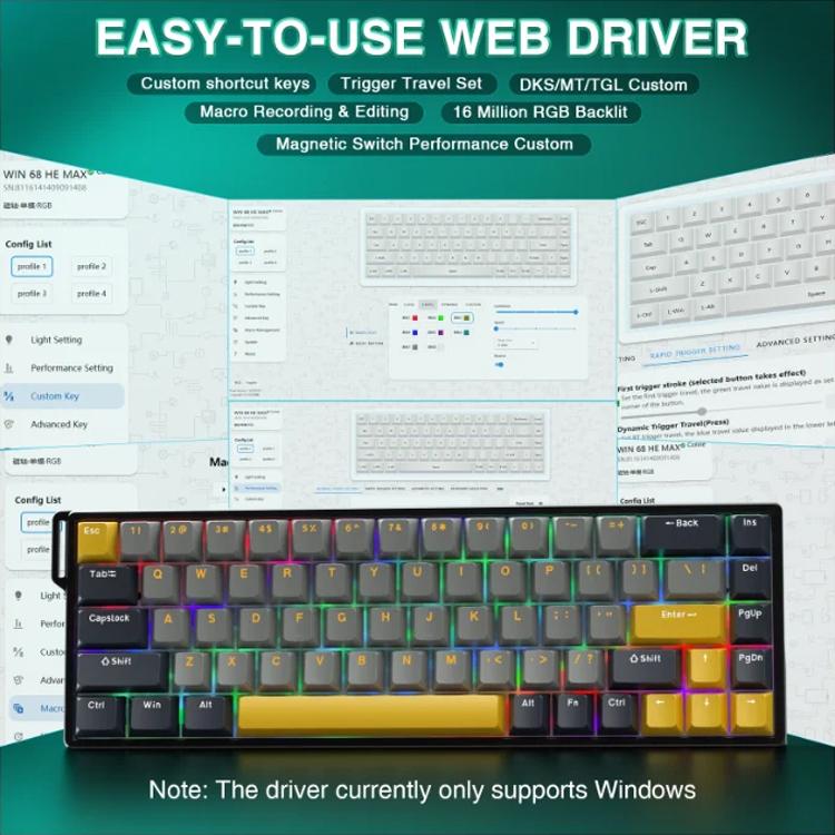 Teclado con cable RGB AULA WIN68HE MAX de 68 teclas., WIN68HE Dark+Light+Yellow Wing Chun Magnetic Axis