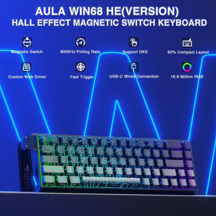 Teclado con cable RGB AULA WIN68HE, versión estándar, 68 teclas, WIN68HE Black Contour Lines Grey Wood Magnetic Axis