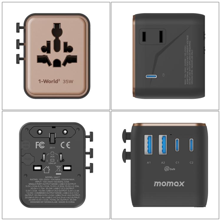 Cargador rápido dual de CA GaN MOMAX 1-World UA27 PD de 35 W, UA27