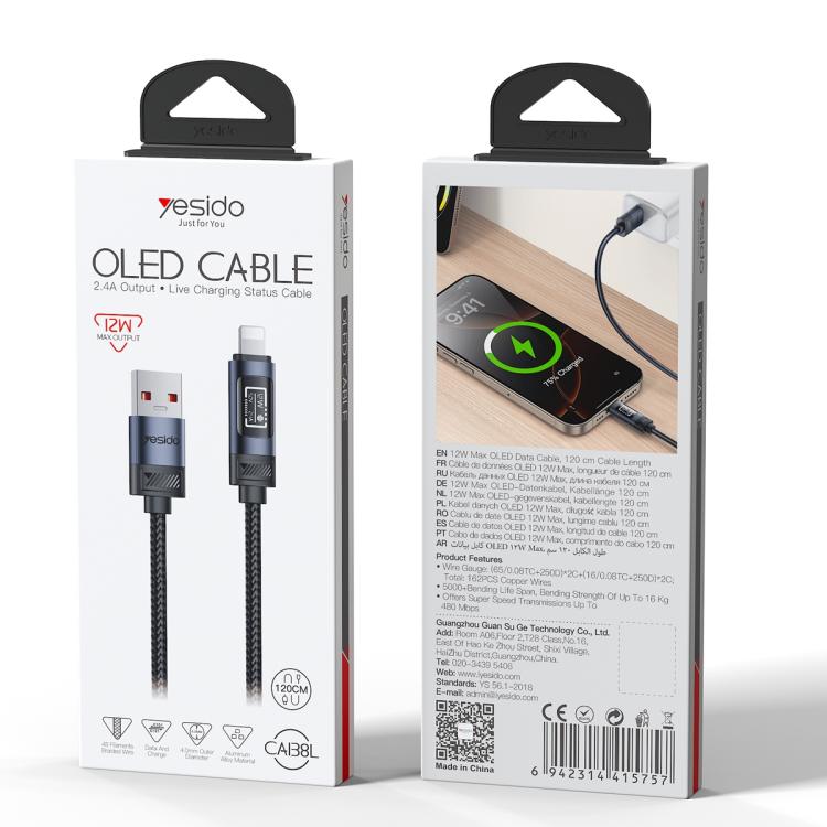 Cable de datos y carga USB a pantalla OLED de 8 pines Yesido CA138L de 12 W y 2,4 A, USB to 8 Pin