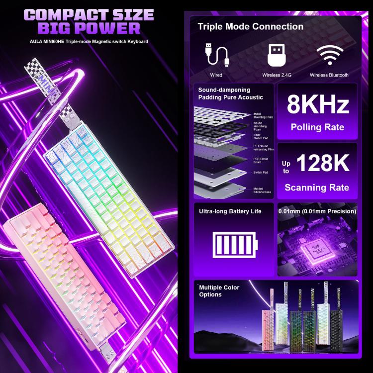 Teclado mecánico inalámbrico para juegos AULA MINI60 HE Pro de 61 teclas con iluminación RGB