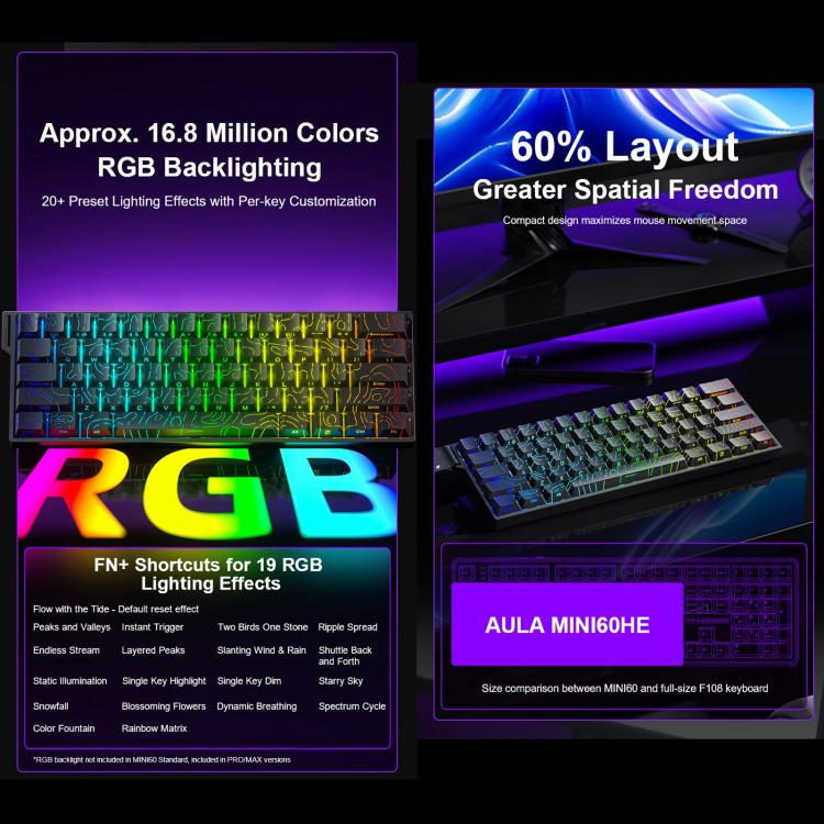 Teclado mecánico inalámbrico para juegos AULA MINI60 HE Pro de 61 teclas con iluminación RGB