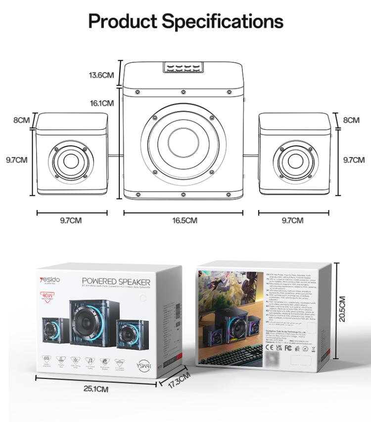 Sistema de altavoces Bluetooth Yesido YSW41 de 40 W y 2.1 canales con iluminación RGB colorida y subwoofer., YSW41
