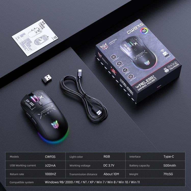 Ratón inalámbrico ONIKUMA CW935 de 12800 DPI, 2,4 GHz, Bluetooth y con cable, RGB de tres modos., CW935