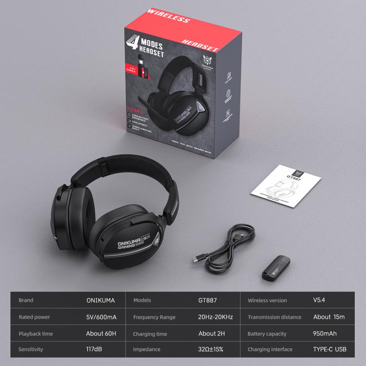 Auriculares para juegos ONIKUMA GT887 con Bluetooth 2.4G de cuatro modos (con cable/inalámbricos), GT887