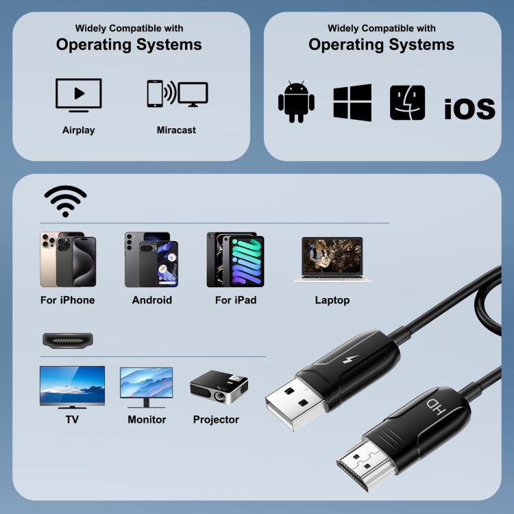 Cable USB-A a HDMI HD para duplicar la pantalla. Cable convertidor inalámbrico para duplicar la pantalla con adaptador., 70cm