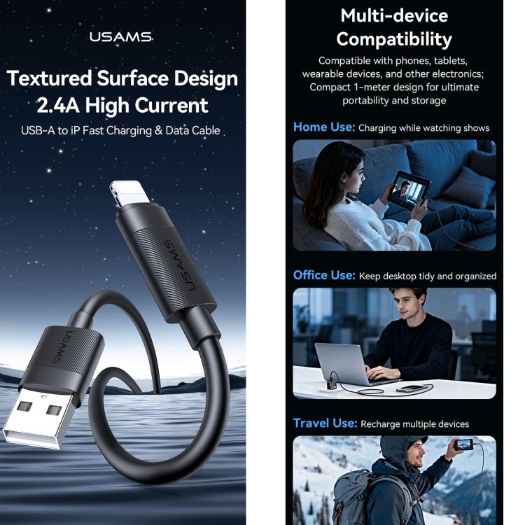 Cable de datos de carga rápida USAMS SJ778 U94 USB a 8 pines 2.4A, USB to 8pin