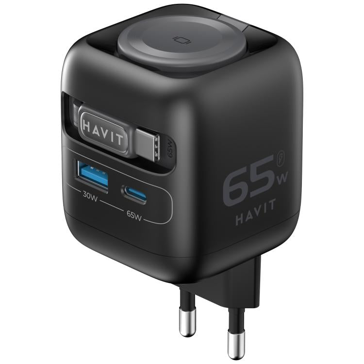 Cargador de viaje Havit UC252 de 65 W, 3 en 1, GaN, con cable retráctil tipo C., UC252(EU Plug), UC252(US Plug)