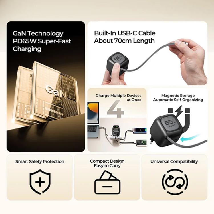 Cargador de viaje Havit UC252 de 65 W, 3 en 1, GaN, con cable retráctil tipo C., UC252(EU Plug), UC252(US Plug)