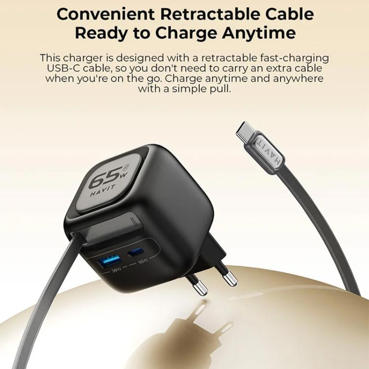 Cargador de viaje Havit UC252 de 65 W, 3 en 1, GaN, con cable retráctil tipo C., UC252(EU Plug), UC252(US Plug)