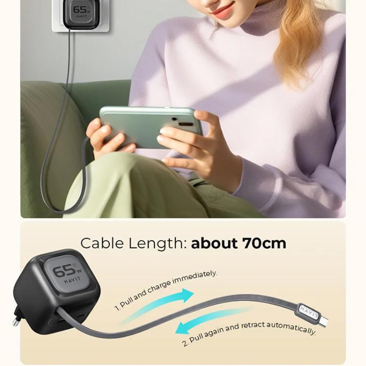 Cargador de viaje Havit UC252 de 65 W, 3 en 1, GaN, con cable retráctil tipo C., UC252(EU Plug), UC252(US Plug)