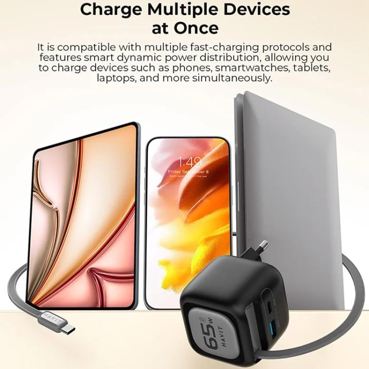 Cargador de viaje Havit UC252 de 65 W, 3 en 1, GaN, con cable retráctil tipo C., UC252(EU Plug), UC252(US Plug)