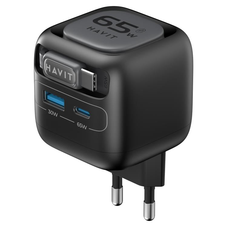 Cargador de viaje Havit UC253 de 65 W, 3 en 1, GaN, con cable retráctil tipo C., UC253(EU Plug)