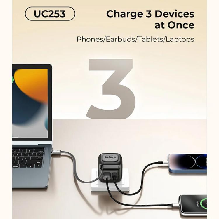 Cargador de viaje Havit UC253 de 65 W, 3 en 1, GaN, con cable retráctil tipo C., UC253(EU Plug)