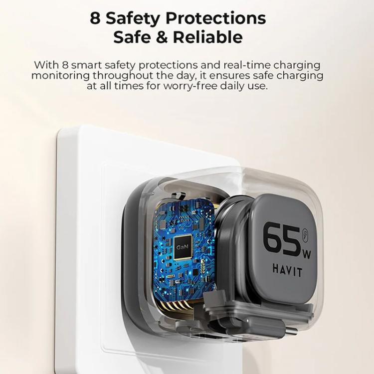 Cargador de viaje Havit UC253 de 65 W, 3 en 1, GaN, con cable retráctil tipo C., UC253(EU Plug)