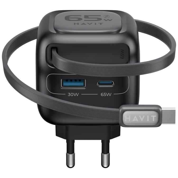 Cargador de viaje Havit UC253 de 65 W, 3 en 1, GaN, con cable retráctil tipo C., UC253(EU Plug)