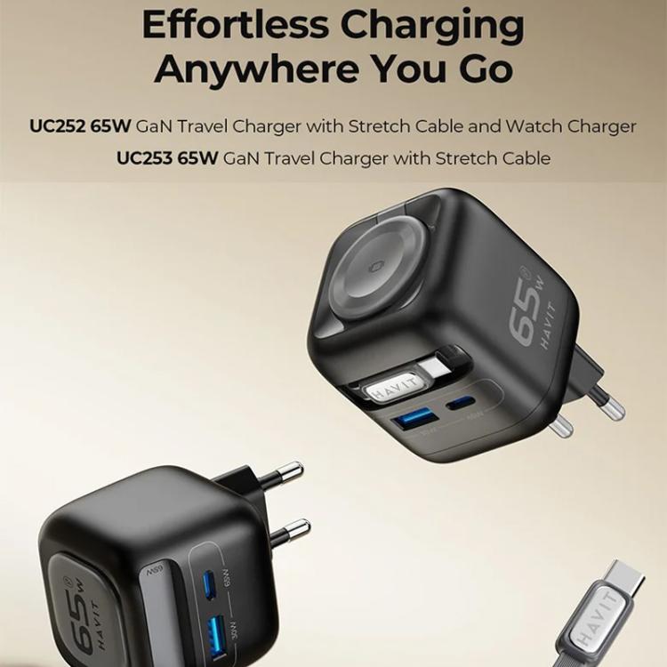 Cargador de viaje Havit UC253 de 65 W, 3 en 1, GaN, con cable retráctil tipo C., UC253(EU Plug)