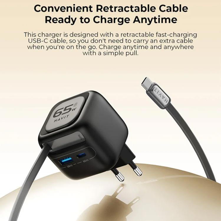 Cargador de viaje Havit UC253 de 65 W, 3 en 1, GaN, con cable retráctil tipo C., UC253(EU Plug)