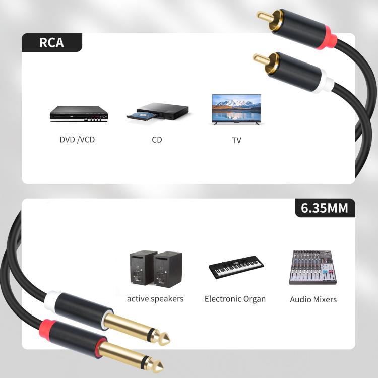 Cables de conexión de audio para consolas de mezcla (2 RCA a 2 x 6,35 mm macho), 1.5m, 3m, 5m